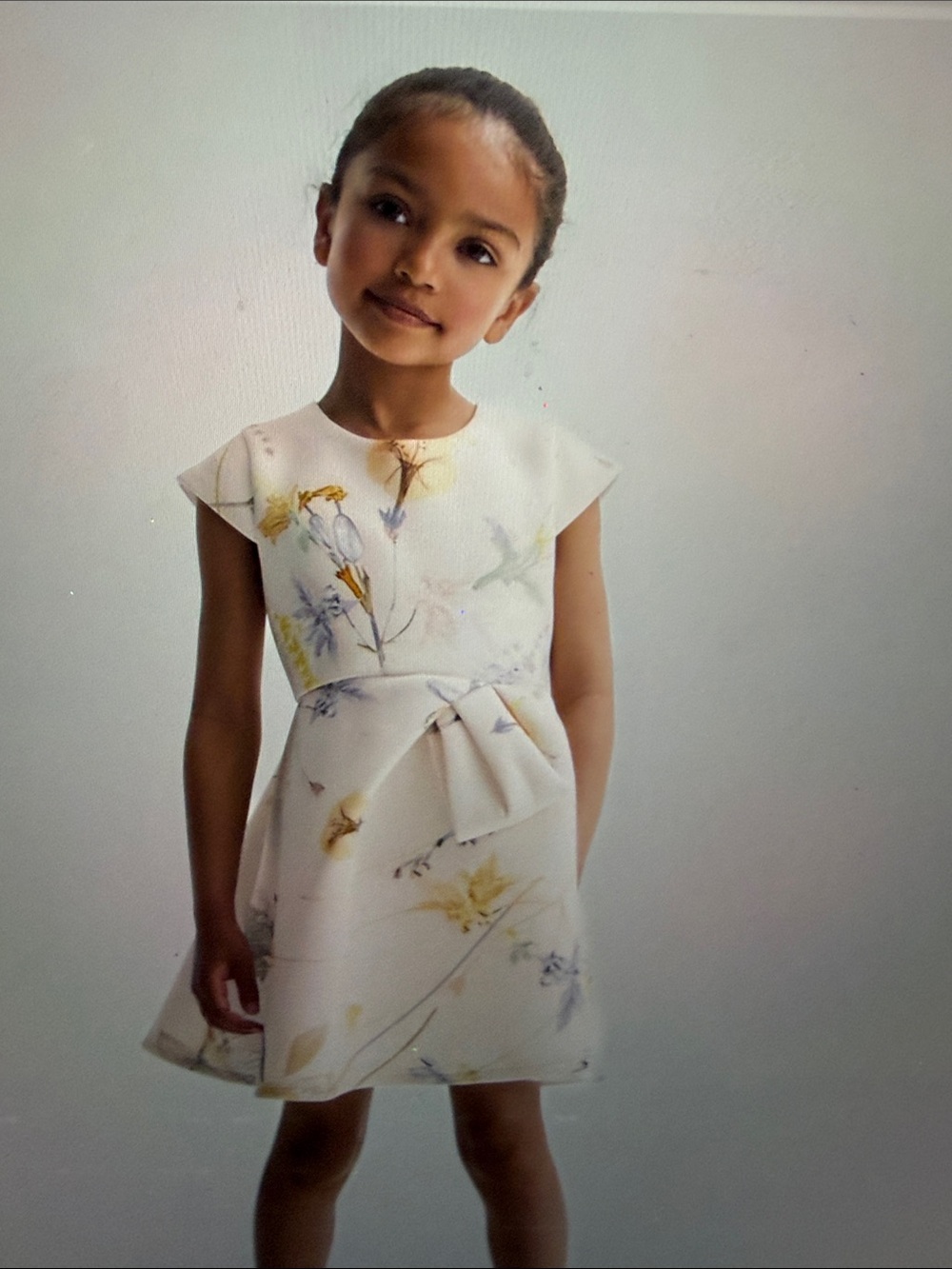 Reiss Girls' Pastel Floral Bow Dress - Pink Cream Blue Yellow